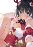  1girl :o antlers bare_shoulders bell bell_collar black_bow blue_hair blush bow bra breasts christmas_dress christmas_ornaments cleavage collar commentary_request corset eyes frilled_bra frills fur_collar fur_sleeves hand_on_own_chest knee_up large_breasts looking_at_viewer matsui_hiroaki original red_bow reindeer_antlers self_shot solo underwear v white_bra wrist_cuffs 