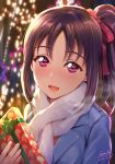  1girl :d bangs blush breath christmas christmas_gift christmas_lights eyebrows_visible_through_hair gift hair_ribbon highres jacket kazuno_sarah looking_at_viewer love_live! love_live!_sunshine!! open_mouth parted_bangs pink_ribbon purple_hair red_eyes ribbon scarf shamakho side_ponytail signature smile tree_print upper_body white_neckwear 