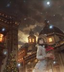  1girl brown_coat brown_hair brown_scarf brown_sweater building christmas christmas_tree cloud coat flower flower_pot grey_eyes hat highres long_sleeves original ornament outdoors scarf sho_(shoichi-kokubun) snowing solo standing sweater window 