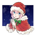  1girl blue_eyes capelet commentary_request cropped_torso fur-trimmed_capelet fur-trimmed_hat fur_trim hair_ornament hat kantai_collection looking_at_viewer pink_hair ponytail red_capelet red_headwear santa_hat shiranui_(kantai_collection) short_hair solo u_yuz_xx upper_body white_background 