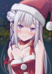  1girl bare_shoulders blurry blurry_background blush breasts choker commentary_request emilia_(re:zero) flower fur_trim hair_flower hair_ornament hat long_hair pointy_ears purple_eyes re:zero_kara_hajimeru_isekai_seikatsu ryunnu santa_costume santa_hat silver_hair small_breasts smile solo strap_slip upper_body 