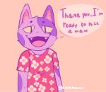  2019 :d animal_crossing anthro bob_(animal_crossing) clothing cockyroaches dialogue domestic_cat english_text fangs felid feline felis fur looking_at_viewer male mammal nintendo open_mouth pink_background purple_body purple_fur sharp_teeth shirt simple_background slit_pupils smile solo standing talking_to_viewer teeth text tongue topwear video_games yellow_eyes 