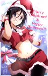  1girl :d belt belt_buckle black_hair blue_eyes blush bow breasts buckle cleavage crop_top dated fur-trimmed_hat fur-trimmed_skirt glasses grin hair_between_eyes hand_up happy_birthday hat hibike!_euphonium leaning_to_the_side long_hair looking_at_viewer medium_breasts merry_christmas miniskirt navel nii_manabu open_mouth outstretched_arm over-rim_eyewear pink_bow red-framed_eyewear red_headwear red_skirt sack santa_costume santa_hat semi-rimless_eyewear signature skirt smile solo stomach tanaka_asuka teeth wrist_cuffs 