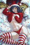  1girl ahri breasts christmas commentary english_commentary fox_eas fox_tail hat highres league_of_legends navel no_bra panties red_panties santa_hat sciamano240 solo striped striped_legwear tail thighhighs toned underwear yellow_eyes 