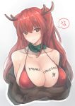  1girl absurdres anger_vein animal_costume azur_lane bangs bikini blush body_writing breasts cleavage closed_mouth clothes_pull collarbone cropped_torso crossed_arms eyebrows_visible_through_hair fake_antlers green_neckwear highres honolulu_(azur_lane) large_breasts long_hair looking_at_viewer red_bikini red_eyes red_hair solo spoken_anger_vein swimsuit two_side_up yusha_(m-gata) 