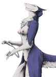  2017 5_fingers anthro areola biped breasts chest_tuft digital_drawing_(artwork) digital_media_(artwork) female fingers fur green_eyes hi_res holding_object looking_up neck_tuft nipples nude purple_body purple_fur pussy sergal shower side_view simple_background solo standing sterr tuft white_background white_body white_fur 