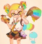  1girl :q bag balloon bandage_on_knee bandages black_skirt blonde_hair clothes_around_waist collared_shirt food giant_brush hair_ornament hairclip hand_on_own_head hand_up highres holding holding_balloon holding_food holding_paintbrush holding_weapon inkling jacket jacket_around_waist jellyfish_(splatoon) kurea0399 looking_at_viewer necktie paintbrush pointy_ears purple_bag rainbow_order shirt short_hair simple_background skirt sleeves_rolled_up splatoon_(series) squid standing tongue tongue_out twintails upper_body v-shaped_eyebrows weapon white_background white_shirt yellow_eyes yellow_necktie 