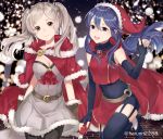  2girls bell belt black_gloves black_legwear blue_eyes blue_hair breasts brown_eyes cape cleavage closed_mouth elbow_gloves fingerless_gloves fire_emblem fire_emblem_awakening fur_trim gloves haru_(nakajou-28) hat highres long_hair lucina_(fire_emblem) multiple_girls open_mouth pom_pom_(clothes) red_headwear robin_(fire_emblem) robin_(fire_emblem)_(female) santa_costume santa_hat smile twintails twitter_username white_hair 