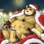  1:1 2019 anthro balls belly blush bodily_fluids bottomwear brown_body brown_fur censored christmas clothing cookie cum cum_on_penis cum_on_stomach cute_fangs erection food fur genital_fluids hat headgear headwear hi_res holidays humanoid_penis male mammal moobs mtflying30371 navel night nipples outside overweight overweight_male pants penis pubes santa_claus santa_hat solo underwear ursid 