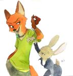  anthro bottomwear canid canine clothed clothing collar disney duo fox fully_clothed fur handcuffs head_tuft hi_res judy_hopps lagomorph leporid mammal monmokamoko nick_wilde orange_body orange_fur painting_(artwork) pants rabbit red_fox shackles shirt shock_collar simple_background t-shirt topwear traditional_media_(artwork) tuft watercolor_(artwork) white_background zootopia 