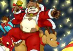 2019 absurd_res anthro belly bottomwear brown_body brown_fur bulge canid canine canis capreoline cervid christmas clothing domestic_dog eyewear fur glasses green_eyes group hat headgear headwear hi_res holidays humanoid_hands male mammal navel night outside pants reddo12340 reindeer santa_hat slightly_chubby 