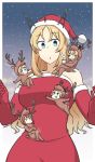  5girls :o animal_costume antlers ark_royal_(kantai_collection) bangs blonde_hair blue_eyes blush breasts christmas closed_eyes costume crossed_arms crown cup dress elbow_gloves eyebrows_visible_through_hair fur_trim gloves hamu_koutarou hat headgear highres holding janus_(kantai_collection) jervis_(kantai_collection) kantai_collection long_hair mini_crown minigirl multiple_girls nelson_(kantai_collection) open_mouth pom_pom_(clothes) red_dress red_gloves red_hair santa_hat short_hair sleeveless sleeveless_dress smile snow snowing sparkle steam teacup warspite_(kantai_collection) 