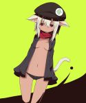  1girl absurdres black_headwear black_panties black_shirt bow bow_panties breasts cabbie_hat cat_girl closed_mouth commentary_request crothy_(pan_koujou) dutch_angle emblem frown green_background hat highres long_sleeves looking_at_viewer lowleg lowleg_panties navel no_bra open_clothes open_shirt original pan_koujou panties red_eyes shirt short_hair simple_background sleeves_past_fingers sleeves_past_wrists small_breasts solo standing underwear white_hair 