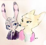  anthro arctic_fox blue_eyes canid canine clothed clothing disney duo ear_markings facial_markings fox fur grey_body grey_fur head_markings head_tuft hi_res jack_savage lagomorph leporid looking_at_another mammal markings monmokamoko necktie painting_(artwork) pink_nose rabbit simple_background skye_(zootopia) smile suit traditional_media_(artwork) tuft watercolor_(artwork) white_background zootopia 