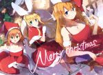  3girls animal_ears belt blonde_hair blue_eyes bottle breasts brown_hair bunny_ears capelet champagne_bottle champagne_flute christmas closed_mouth cup dress drinking_glass green_eyes hat holding holding_bottle holding_sack large_breasts looking_at_viewer medium_breasts merry_christmas mittens mononobe_alice multiple_girls nekopote nijisanji otogibara_era red_dress red_skirt sack santa_hat skirt upper_body virtual_youtuber warabeda_meijii white_mittens 