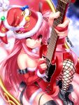  1girl alternate_costume angel_beats! chain choker christmas cross-laced_footwear demon_tail dress elbow_gloves electric_guitar foreshortening fur-trimmed_dress fur_trim gloves grin guitar hair_ribbon hat highres instrument long_hair looking_at_viewer partly_fingerless_gloves perspective pink_eyes pink_hair red_dress red_gloves red_headwear ribbon sack santa_hat sitting sleigh smile solo strapless strapless_dress tail thighhighs two_side_up yui_(angel_beats!) zen 