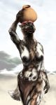  2016 5_fingers african_wild_dog anthro areola biped black_nose blurred_background bottomwear breasts brown_body brown_fur brown_nipples canid canine chest_tuft clothed clothing day detailed digital_drawing_(artwork) digital_media_(artwork) dipstick_tail female fingers front_view fur green_eyes hi_res holding_object loincloth looking_up mammal multicolored_body multicolored_fur multicolored_tail neck_tuft nipples outside savanna sky solo standing sterr topless tree tuft vase walking white_body white_fur 