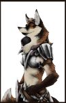  2016 5_fingers anthro armor biped black_body black_border black_fur black_nose border breasts brown_body brown_fur canid canine clothed clothing digital_drawing_(artwork) digital_media_(artwork) female fingers fox fur half-closed_eyes hi_res holding_object holding_weapon mammal melee_weapon narrowed_eyes neck_tuft orange_eyes pose side_view simple_background small_breasts smile solo standing sterr sword three-quarter_view tuft warrior weapon white_background white_body white_fur 