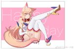  1girl ahri animal_ears ass blush boots breasts cleavage crossed_legs detached_sleeves eyebrows_visible_through_hair fox_ears fox_tail high_heel_boots high_heels highres icarus_(632247131) large_breasts league_of_legends leg_up light_brown_hair long_hair looking_at_viewer nail_polish panties parted_lips purple_eyes smile solo star_guardian_(league_of_legends) star_guardian_ahri tail thigh_boots thighhighs underwear weibo_username white_panties 