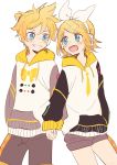  1boy 1girl bangs black_shorts blonde_hair blue_eyes bow bowtie commentary cowboy_shot fang grin hair_bow hair_ornament hairclip headphones highres holding_hands hood hoodie kagamine_len kagamine_rin keyboard_print light_blush looking_at_another m0ti necktie open_mouth short_hair short_ponytail short_shorts shorts smile spiked_hair swept_bangs treble_clef vocaloid white_bow 