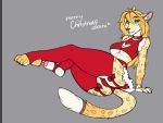  amaryllis_(amy)_sharmila anthro breasts brown_spots cheetah christmas clothing felid feline female fingers fur hair holidays long_hair looking_at_viewer mammal multicolored_body multicolored_fur simple_background solo spots spotted_body spotted_fur sukiskuki text toes topwear 