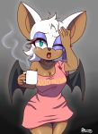  beverage breasts chiropteran cleavage clothed clothing coffee coffee_mug english_text female hi_res mammal one_eye_closed rouge_the_bat shirt simmsyboy solo sonic_the_hedgehog_(series) steam text topwear wings 