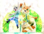  anthro barefoot bottomwear clothed clothing coat disney duo fully_clothed fur green_eyes grey_body grey_fur hi_res judy_hopps lagomorph leporid mammal monmokamoko necktie nick_wilde one_eye_closed open_mouth open_smile orange_body orange_fur painting_(artwork) pants police_uniform purple_eyes rabbit raincoat shirt sign smile toeless_legwear topwear traditional_media_(artwork) uniform watercolor_(artwork) zootopia 