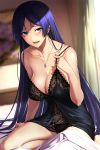  1girl bangs bedroom blush breasts cleavage collarbone commentary_request curtains fate/grand_order fate_(series) highres indoors jewelry large_breasts lingerie long_hair looking_at_viewer maple_luwen minamoto_no_raikou_(fate/grand_order) necklace open_mouth parted_bangs picture_(object) purple_hair ring see-through solo strap_slip thighs underwear very_long_hair wedding_band 