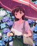  1girl alternate_costume bag beige_blouse brown_eyes brown_hair commentary_request cowboy_shot flower green_skirt kantai_collection long_hair looking_at_viewer odawara_hakone ooi_(kantai_collection) rain red_umbrella skirt solo torpedo umbrella violet_(flower) 