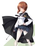  1girl anchovy anchovy_(cosplay) anzio_school_uniform artist_name belt black_neckwear blue_skirt blush breasts brown_eyes brown_hair cameltoe cape closed_mouth cosplay dated eyebrows_visible_through_hair girls_und_panzer groin hand_on_hip highres kuzuryuu_kennosuke looking_at_viewer military military_uniform miniskirt necktie nishizumi_miho panties panties_under_pantyhose pantyhose pink_panties riding_crop school_uniform shiny shiny_hair shiny_skin shirt short_hair simple_background skirt skirt_lift small_breasts solo standing underwear uniform white_background white_legwear 