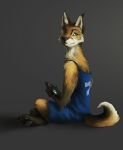  2016 4_toes anthro biped black_nose blue_clothing blue_eyes brown_body brown_fur canid canine clothed clothing crossed_legs digital_drawing_(artwork) digital_media_(artwork) dipstick_tail fox fur gaming grey_background holding_object looking_away looking_back male mammal multicolored_tail number pawpads paws playing playing_videogame side_view simple_background sitting small_tail solo sterr tablet toes video_games white_body white_fur 