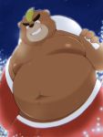  2019 absurd_res anthro ashigara belly blush bottomwear brown_body brown_fur christmas clothing fur hi_res holidays humanoid_hands kwzu male mammal moobs navel nipples overweight overweight_male pants santa_claus solo tokyo_afterschool_summoners ursid video_games 