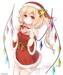  1girl blonde_hair bow box christmas commentary_request cowboy_shot eyebrows_visible_through_hair flandre_scarlet fur_bracelet fur_trim gift gift_box haruki_(colorful_macaron) hat heart-shaped_box highres merry_christmas one_side_up red_eyes santa_costume santa_hat sash smile solo thighhighs touhou twitter_username white_background white_legwear wings 