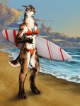  2016 4_toes 5_fingers anthro beach beverage bikini biped breasts brown_body brown_fur can chest_tuft claws clothed clothing cloud day detailed detailed_background digital_drawing_(artwork) digital_media_(artwork) digitigrade domestic_cat eyewear felid feline felis female fingers front_view fur glasses hi_res holding_object looking_away mammal multicolored_body multicolored_fur neck_tuft outside paws pink_eyes sea seaside sky small_breasts solo standing sterr surfboard swimwear three-quarter_view toes tuft water white_body white_claws white_fur 