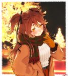  1girl :3 belt black_belt blurry blurry_background blush brown_coat brown_hair christmas christmas_lights closed_mouth coat commentary duffel_coat gloves highres idenshi_kumikae_(kabe_choron) illumination long_hair looking_at_viewer night orange_gloves outdoors re:act red_scarf ribbed_sweater scarf shishigami_leona signature smile solo sweater two_side_up upper_body virtual_youtuber white_sweater yellow_eyes 