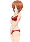  1girl absurdres arm_grab bangs bikini blush breasts brown_eyes brown_hair cleavage closed_mouth commentary cowboy_shot eyebrows_visible_through_hair flatfield girls_und_panzer highres light_smile looking_at_viewer medium_breasts nishizumi_miho red_bikini short_hair simple_background solo standing swimsuit white_background 