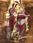  2girls absurdres animal_ears ass blonde_hair blue_eyes blurry blurry_background blush bow breasts brown_hair bunny_ears bunny_tail bunnysuit capelet christmas_ornaments christmas_tree closed_mouth commentary_request damegane earrings fake_animal_ears fur_trim gloves hand_on_hip hat highleg highleg_leotard highres indoors jewelry leotard lips long_sleeves looking_at_viewer medium_breasts multiple_girls open_mouth original pantyhose pom_pom_(clothes) purple_eyes red_leotard sakura_(damegane) santa_hat shiny shiny_hair shiny_skin smile tail victoria_(damegane) white_gloves 