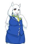  2019 anthro blue_bottomwear blue_clothing blue_topwear boss_monster bottomwear bovid breasts caprine clothed clothing female front_view fully_clothed hand_behind_back looking_at_viewer mammal open_mouth portrait simple_background solo three-quarter_portrait topwear toriel treyer undertale video_games white_background white_clothing 