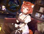  1girl animal_ears belt bookshelf breasts brown_eyes brown_hair cleavage commentary_request couch glasses gloves hat highres lamp large_breasts looking_at_viewer nijisanji open_mouth raccoon_ears raccoon_tail ratna_petit sitting tail thighhighs virtual_youtuber window 