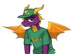  activision blonde_hair clothed clothing digital_media_(artwork) dragon hair hat headgear headwear horn looking_at_viewer multicolored_body purple_body purple_eyes scales shirt simple_background solo spyro spyro_the_dragon subway_(restaurant) topwear uniform unknown_artist video_games white_background wings yellow_body yellow_horn yellow_scales 