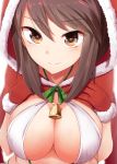  1girl bell blush breasts brown_eyes brown_hair christmas closed_eyes commentary_request eyebrows_visible_through_hair girls_und_panzer gloves highres hood large_breasts mika_(girls_und_panzer) nenosame red_gloves short_hair smile solo upper_body 