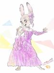 abstract_background anthro barefoot clothed clothing dipstick_ears disney dress female fully_clothed fur grey_body grey_fur hi_res judy_hopps lagomorph leporid mammal monmokamoko multicolored_ears open_mouth open_smile rabbit smile solo standing zootopia 