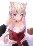  1boy 1girl animal_ears bangs bare_shoulders black_legwear blonde_hair blurry blurry_background blush box breasts cat_ears cat_tail choker christmas cleavage dress emily_(pure_dream) eyebrows_visible_through_hair fur_trim gift gift_box highres large_breasts long_hair looking_at_viewer original pov red_eyes santa_costume sitting solo_focus strapless strapless_dress tail thighhighs white_background 