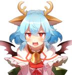  1girl 60mai animal_ears antlers bangs bat_wings bell blue_hair blush commentary_request dress eyebrows_visible_through_hair fake_animal_ears hair_between_eyes jitome long_sleeves looking_at_viewer open_mouth pink_dress red_eyes reindeer_ears remilia_scarlet short_hair simple_background solo touhou upper_body white_background wings 