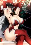  1girl armpits arms_behind_head arms_up black_eyes black_hair breasts christmas covered_nipples fur-trimmed_hat hat highres large_breasts long_hair millipen_(medium) original panties red_headwear red_legwear revealing_clothes santa_costume santa_hat side-tie_panties sitting solo thighhighs traditional_media underwear white_panties xtermination 