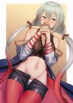  1girl alternate_costume arm_warmers bare_shoulders black_shorts blue_eyes breasts cleavage coat covered_mouth fur-trimmed_coat fur_trim girls_frontline gradient_hair grey_hair hair_between_eyes hair_ornament hair_ribbon highres lodbyy long_hair low_twintails lwmmg_(girls_frontline) medium_breasts midriff multicolored_hair navel off_shoulder open_clothes open_coat open_fly pantyhose red_legwear ribbon short_shorts shorts solo stomach twintails 