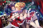  2girls ahoge animal_ear_fluff animal_ears bag belt black_legwear blonde_hair blue_eyes breasts cat_ears christmas cleavage commentary_request cup dk.senie elbow_gloves eye_contact glasses gloves hair_bun heterochromia holding holding_bag holding_cup large_breasts looking_at_another merry_christmas multiple_girls original pantyhose saliva saliva_trail smile white_gloves white_legwear yellow_eyes yuri 