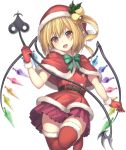 1girl :d bangs bell belt blonde_hair blush boots bow bowtie brown_belt capelet commentary_request cowboy_shot crystal dress eyebrows_visible_through_hair fang flandre_scarlet fur-trimmed_boots fur-trimmed_gloves fur_trim gloves green_bow green_neckwear hair_bell hair_between_eyes hair_ornament hand_up hat head_tilt highres holding janne_cherry laevatein long_hair looking_at_viewer miniskirt one_side_up open_mouth partial_commentary pleated_dress pom_pom_(clothes) red_capelet red_eyes red_footwear red_gloves red_headwear red_shirt red_skirt santa_costume santa_hat shirt simple_background skirt smile solo standing standing_on_one_leg thigh_boots thighhighs thighs touhou white_background wings zettai_ryouiki 
