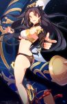  1girl armlet ass asymmetrical_legwear asymmetrical_sleeves bangs black_ribbon breasts earrings elbow_gloves fate/grand_order fate_(series) floating_hair gloves hair_ribbon high_heels hoop_earrings ishtar_(fate)_(all) ishtar_(fate/grand_order) jewelry long_hair long_legs looking_at_viewer medium_breasts muki_(mayuiki) neck_ring open_mouth parted_bangs pointing revision ribbon single_elbow_glove single_thighhigh solo thighhighs two_side_up upper_teeth 
