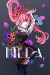  1girl absurdres arms_up belt character_name fire_emblem fire_emblem:_three_houses flower garreg_mach_monastery_uniform highres hilda_valentine_goneril long_hair one_eye_closed parted_lips petals pink_eyes pink_hair solo thighhighs tokuhoncil twintails uniform 